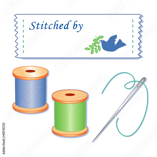 Sewing Label with Copy Space, Dove of Peace, Needle, Threads