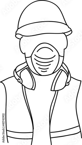 Safety worker at work with helmet, dust face mask, soundproofing headphones and safety vest vector illustration