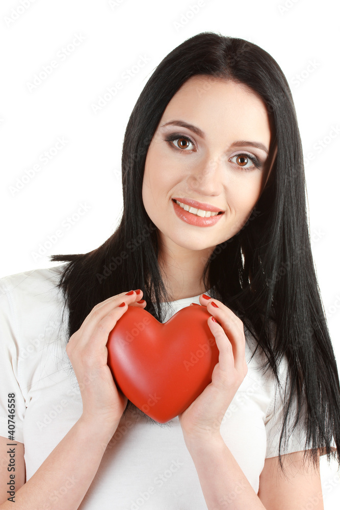 beautiful young girl holding red heart isolated on white beautiful young girl holding red heart isolated on white