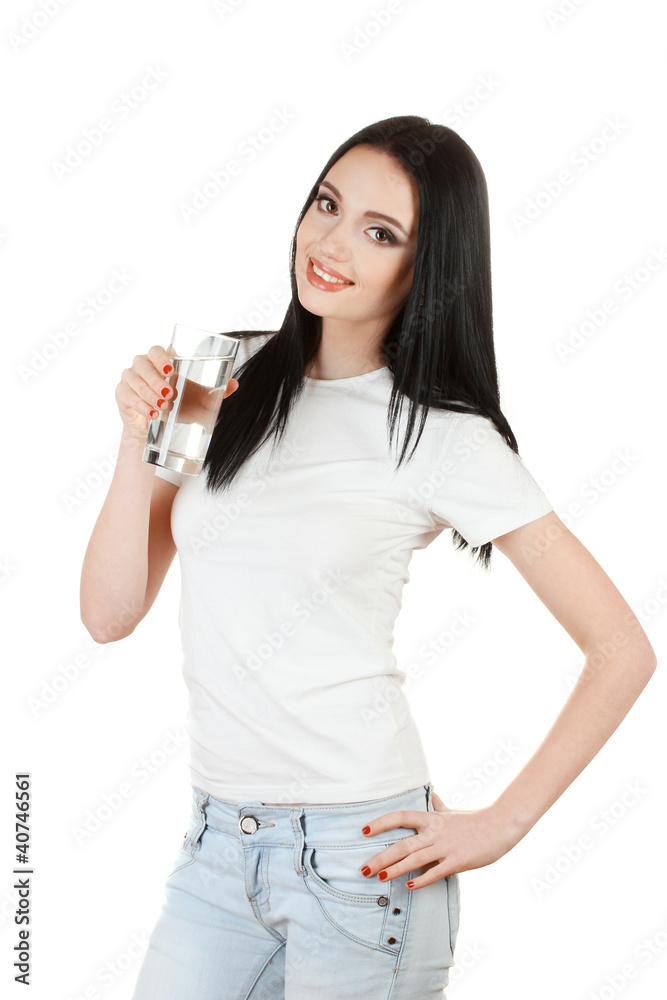 beautiful young girl and glass of water isolated on white beautiful young girl and glass of water isolated on white