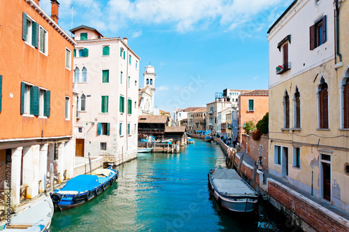canal  boats and houses in Venice - Italy