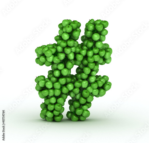 Number sign , alphabet of green apples