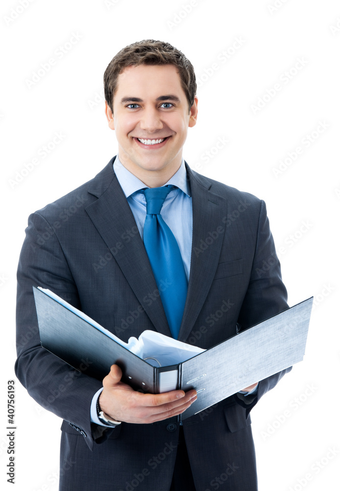 Business man with folder, on white