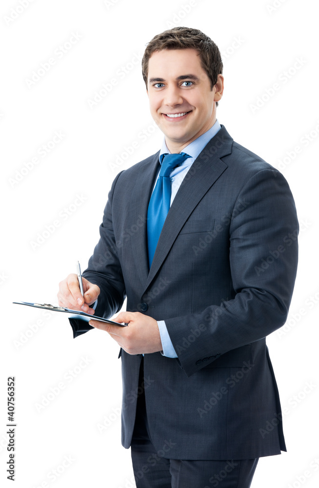 Businessman with clipboard writing, isolated Businessman with clipboard writing, isolated