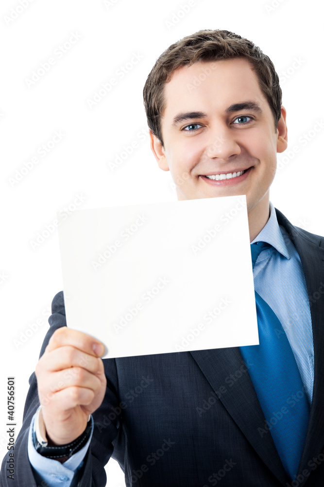 Businessman showing blank signboard, isolated Businessman showing blank signboard, isolated