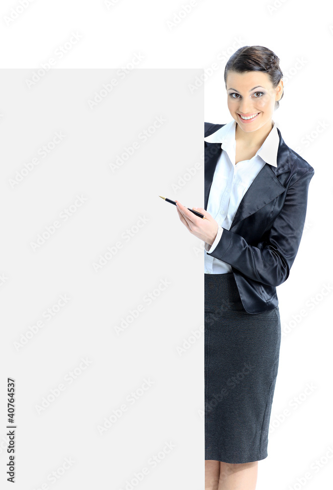 Beautiful business woman with a white banner. Beautiful business woman with a white banner.