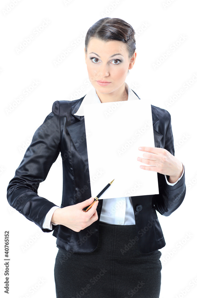 Nice business woman with a white banner. Isolated Nice business woman with a white banner. Isolated