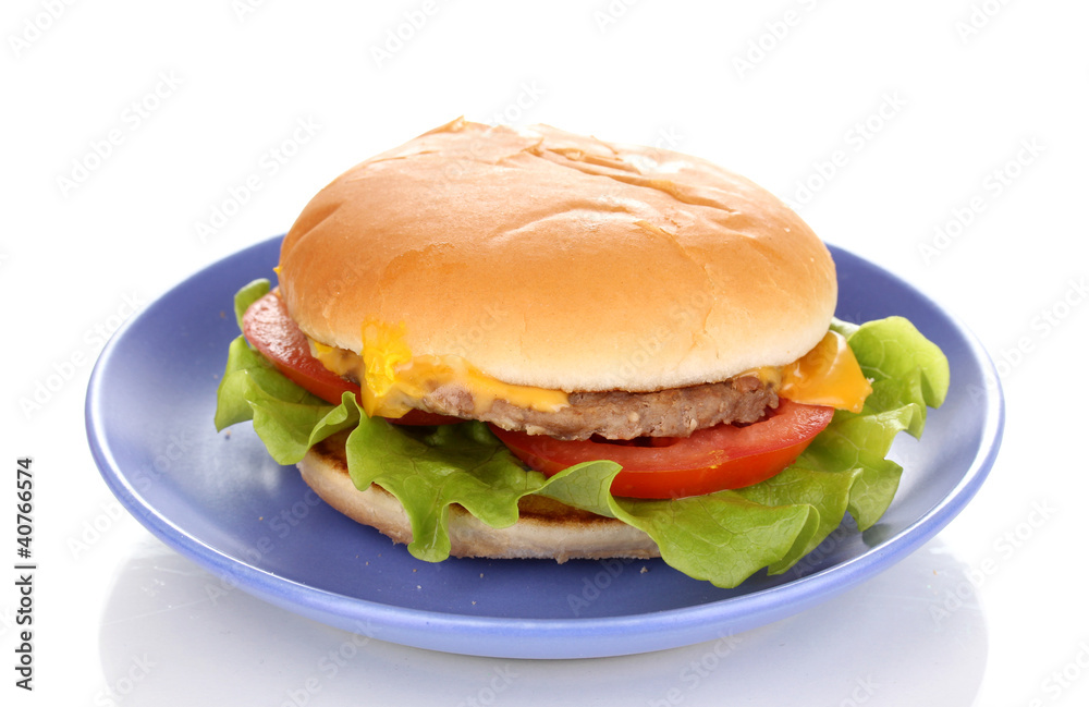 Tasty cheeseburger on plate isolated on white
