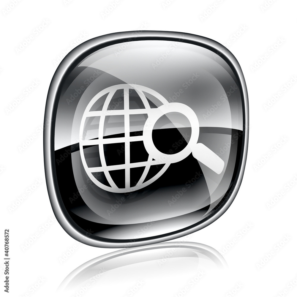 globe and magnifier icon black glass, isolated on white backgrou globe and magnifier icon black glass, isolated on white backgrou