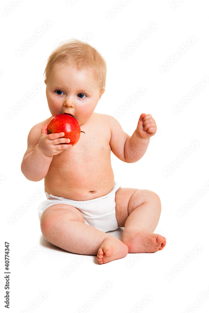 Cute infant girl with apple isolated on white Cute infant girl with apple isolated on white