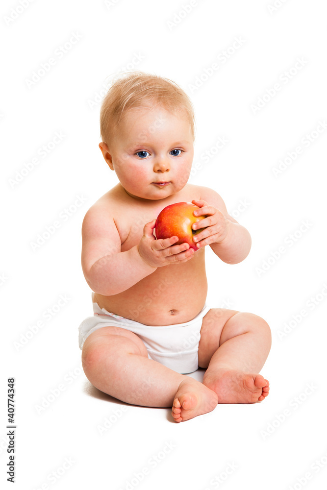 Cute infant girl with apple isolated on white Cute infant girl with apple isolated on white