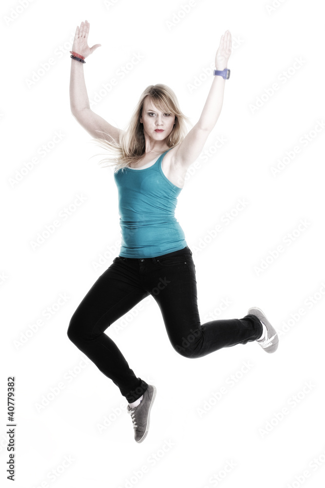 Young female Happy woman jumping with arms up isolated