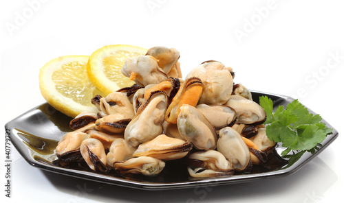 Pile of raw mussels over white