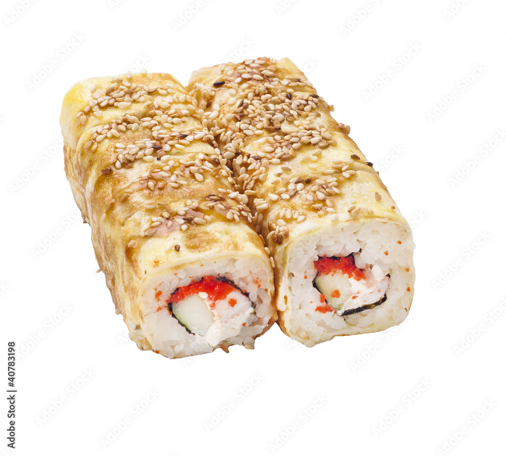 sushi roll with caviar in pancake sushi roll with caviar in pancake