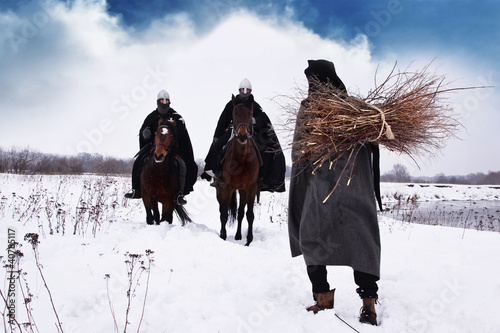 Fényképezés Medieval peasant and riding knights Hospitallers