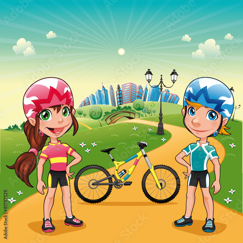 Park with young bikers. Cartoon vector scene.