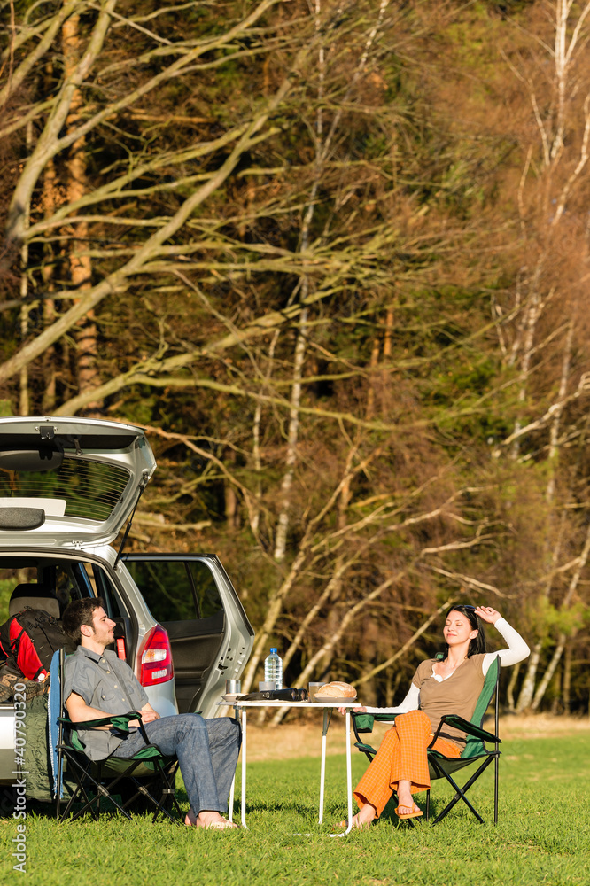 Camping car young couple relax picnic countryside Camping car young couple relax picnic countryside