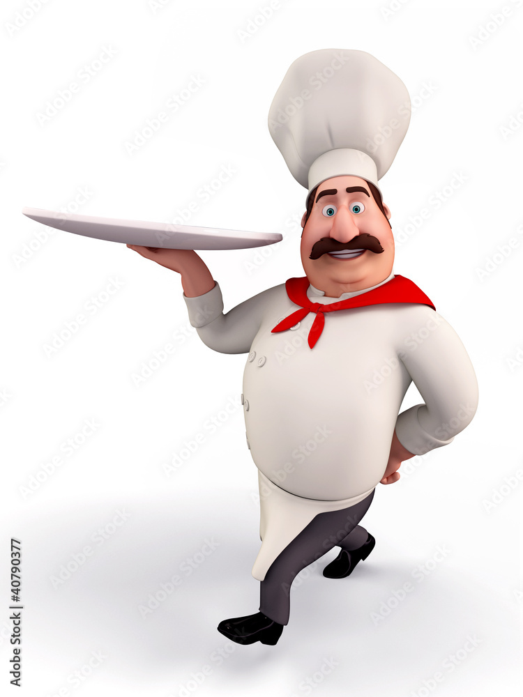 Happy chef holding noodles plate Happy chef holding noodles plate