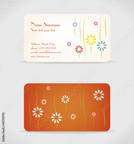 Vector business card with flowers, front and back side