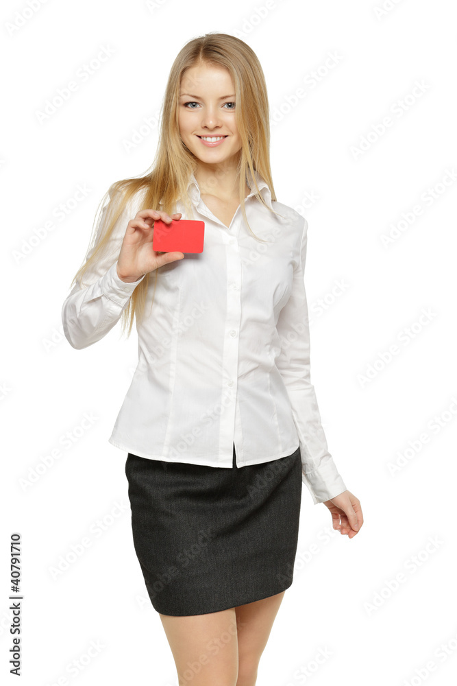 Smiling business woman holding credit card Smiling business woman holding credit card