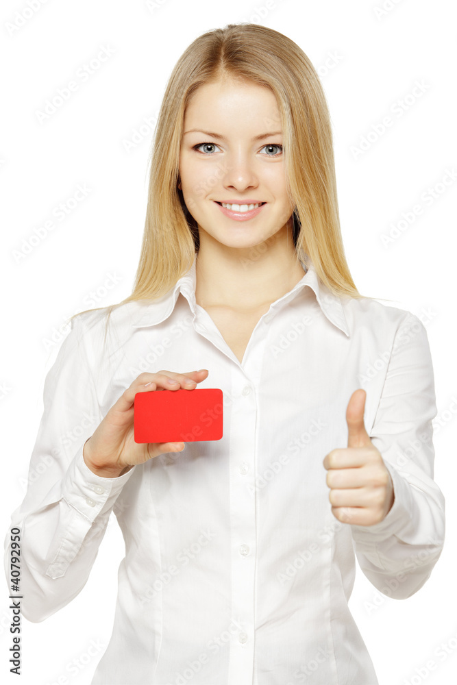 Business woman holding credit card, showing thumb up sign Business woman holding credit card, showing thumb up sign