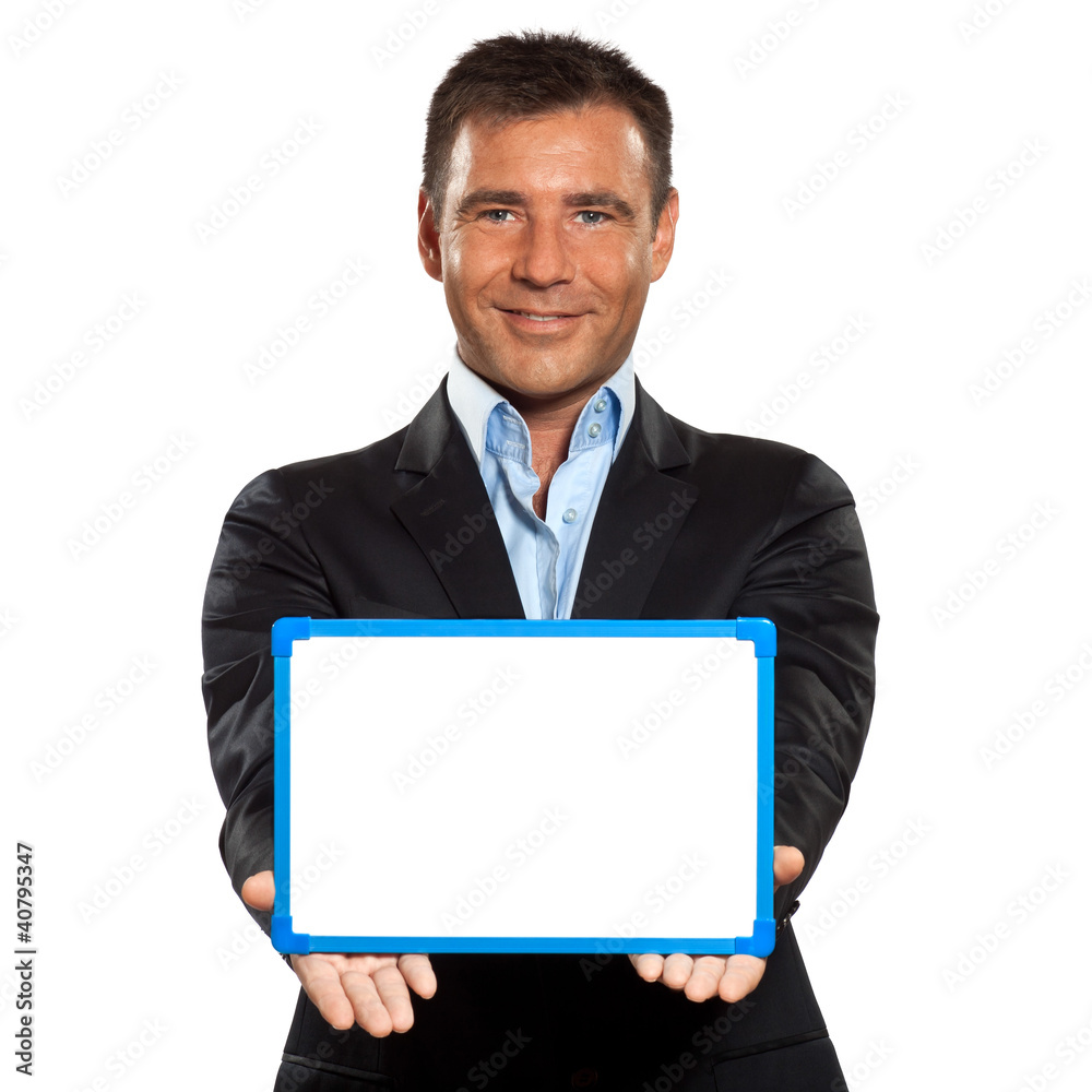 one business man holding showing whiteboard one business man holding showing whiteboard