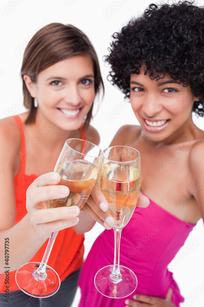 Glasses of white wine being happily clinked by two young females Glasses of white wine being happily clinked by two young females