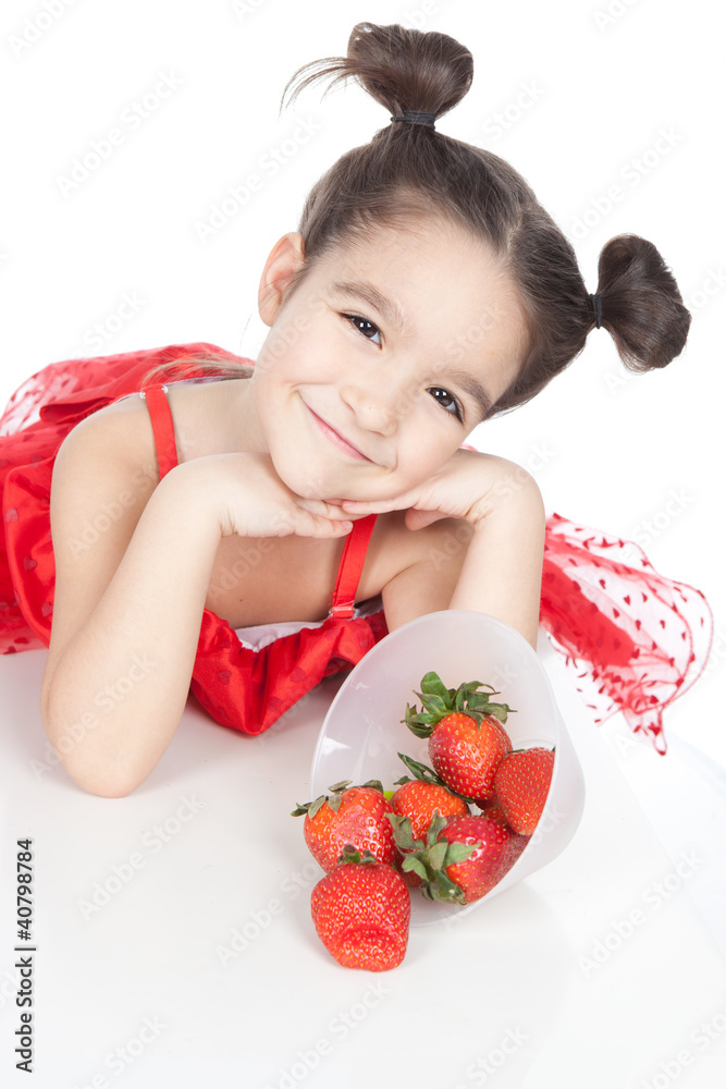 Little girl with strawberry on white background Little girl with strawberry on white background