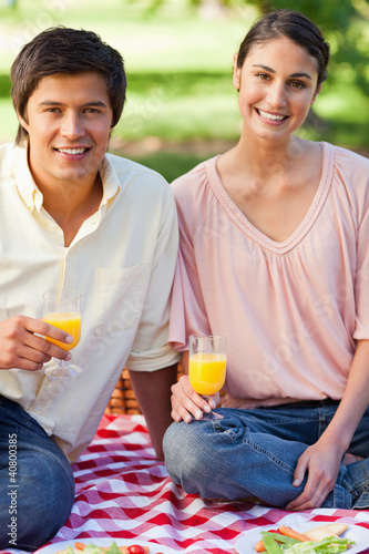 Two friends smiling while holding glasses of juice during a picn photo
