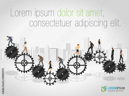 Business people over machine gear wheel. Cogwheel.