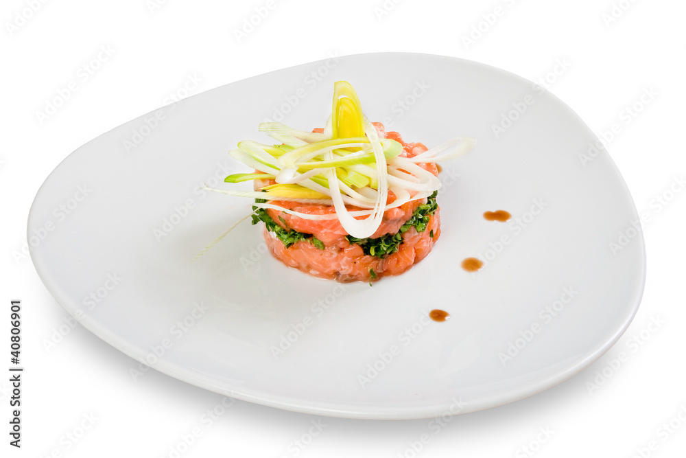 Salmon salad on plate, isolated on white Salmon salad on plate, isolated on white