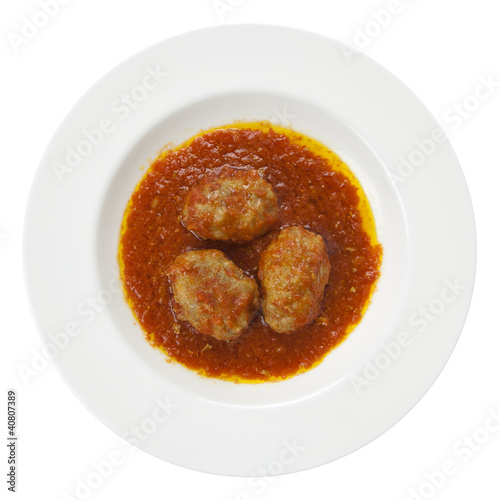 Meatballs albondigas, tomato, olive oil, plate isolated on white © stevanzz