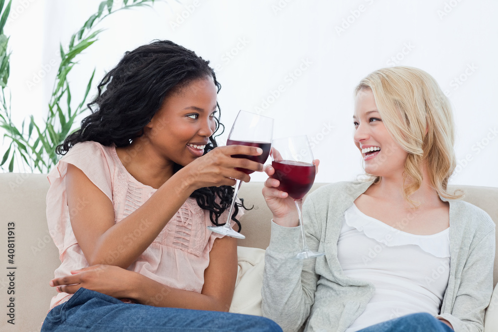 Two women holding wine glasses are smiling at each other Two women holding wine glasses are smiling at each other