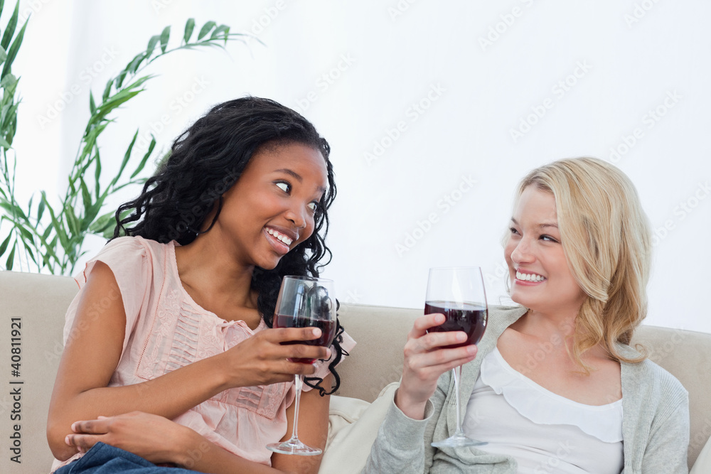 Two women sitting on a couch are holding wine glasses Two women sitting on a couch are holding wine glasses