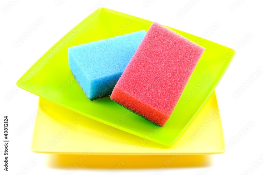 Dish sponge and plates Dish sponge and plates