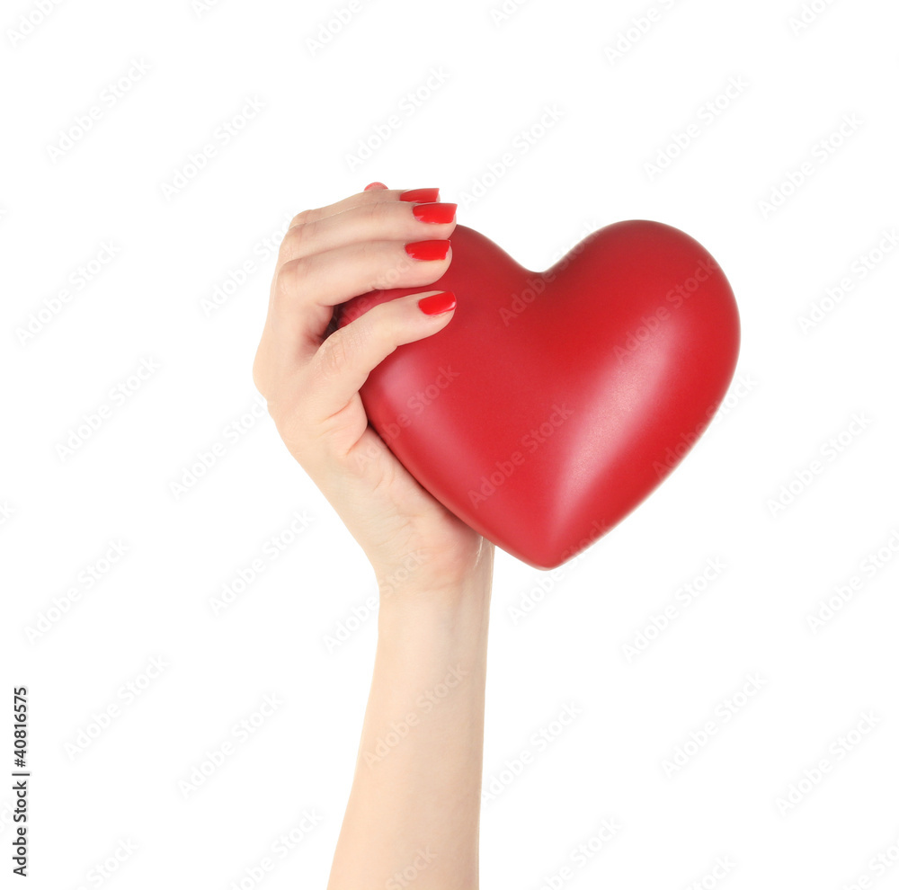 Red heart in woman's hand isolated on white Red heart in woman's hand isolated on white