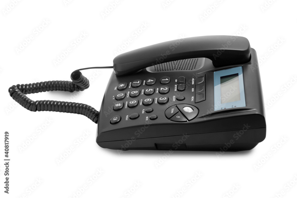 call modern black phone with cord isolated on white background call modern black phone with cord isolated on white background