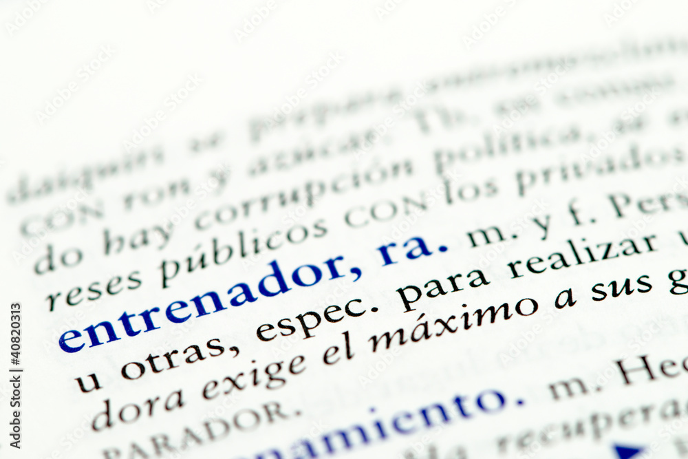 Closeup of Spanish dictionary word for coach Closeup of Spanish dictionary word for coach