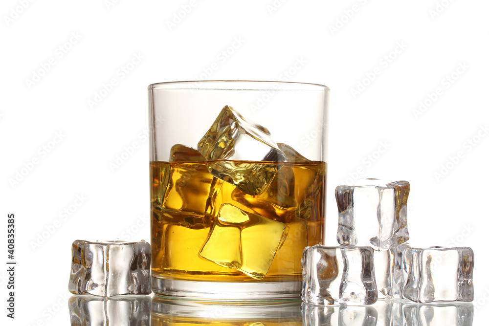 glass of whiskey and ice isolated on white glass of whiskey and ice isolated on white