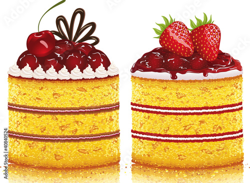 Cherry cake and a strawberry cake on white background