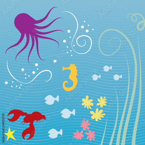 Various sea creatures underwater with lined background