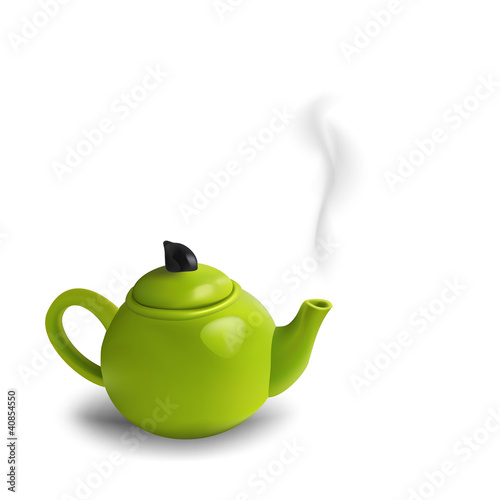 green teapot with steam isolated on white background