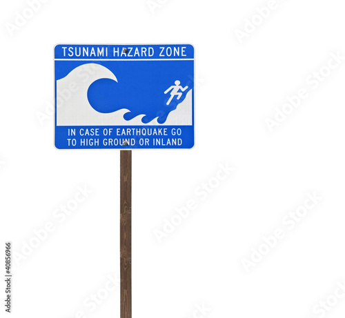 Tall Isolated Tsunami Sign on Wood Post