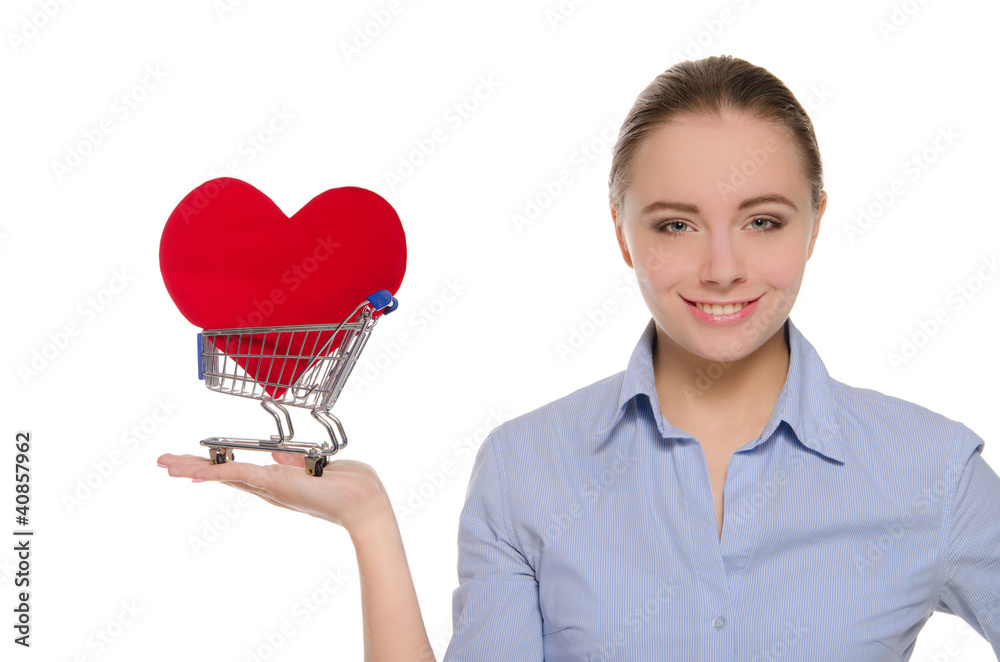woman with heart symbol in shopping cart woman with heart symbol in shopping cart