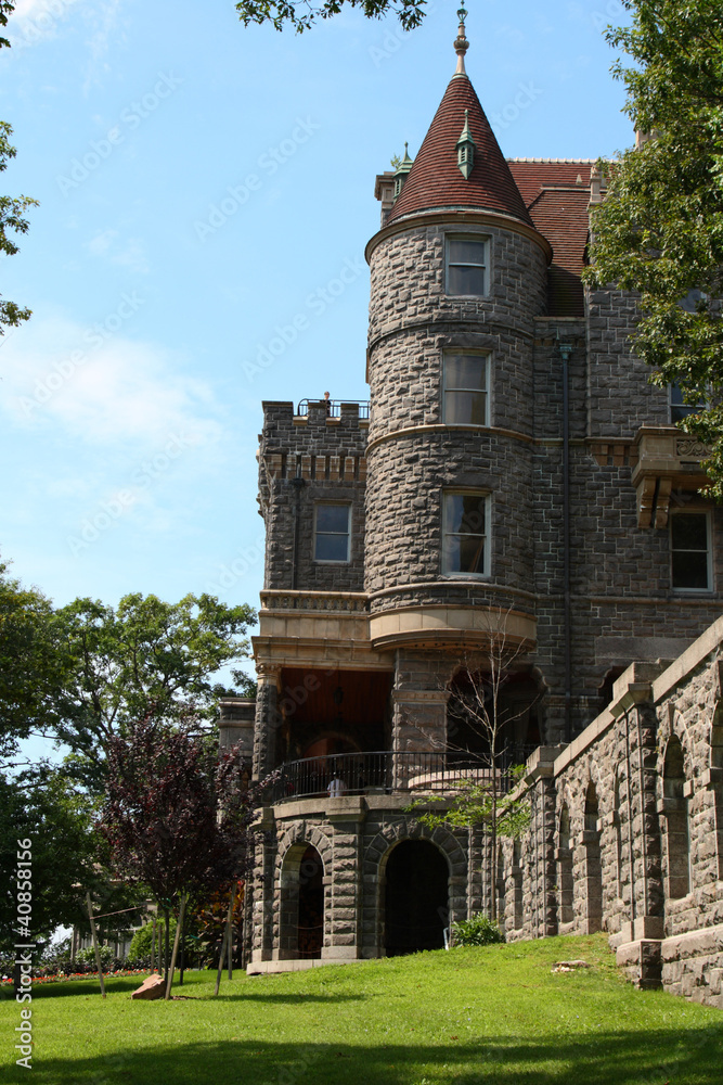 view of boldt castle from the grounds and corner tower
