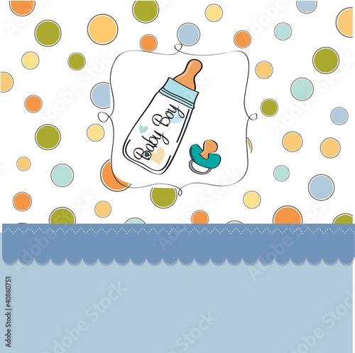 baby announcement card with milk bottle and pacifier