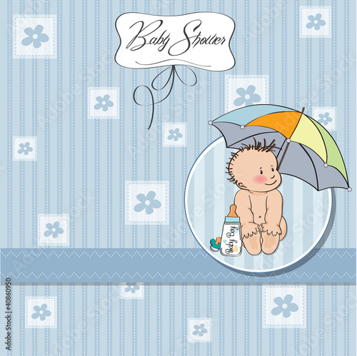 baby boy shower card with funny baby under his umbrella