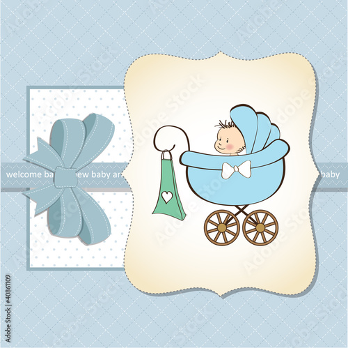 baby boy announcement card with baby and pram