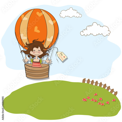 happy girl flying with a balloon flying