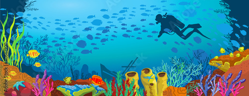 Cartoon colored coral reef and diver